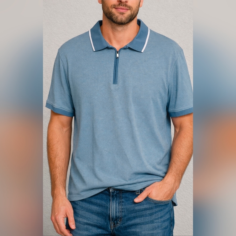 DKNY Men's Textured Quarter-Zip Polo Shirt Blue Size XL Short Sleeve